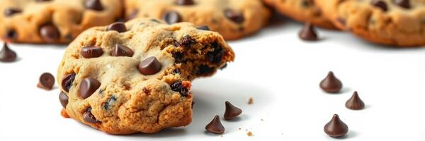Delicious chocolate chip cookie with bite taken out and chocolate chips scattered on white surface photo
