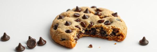 Delicious chocolate chip cookie with a bite taken out, surrounded by chocolate chips photo