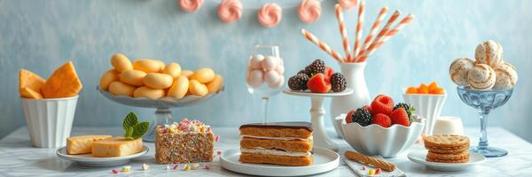 Dessert display featuring a variety of pastries, fruits, and sweets for a festive occasion photo
