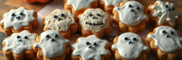 Creative Halloween cookies arranged on a wooden board ready for celebration photo
