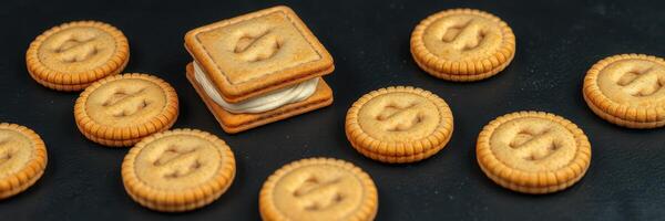 Cookies shaped like currency symbols arranged on a black surface highlighting their unique design and texture photo