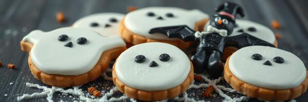 Delicious Halloween-themed cookies with ghost and bat designs on a wooden background photo