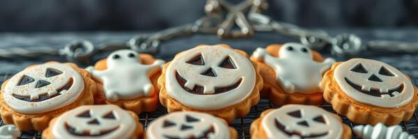 Halloween cookies decorated with ghosts and pumpkins arranged on a dark background photo