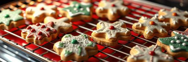 Holiday cookies cooling on a rack in a warm kitchen during the festive season photo
