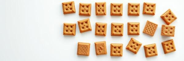 Delicious square cookies arranged on a white surface showcasing different textures and patterns in a casual setting photo