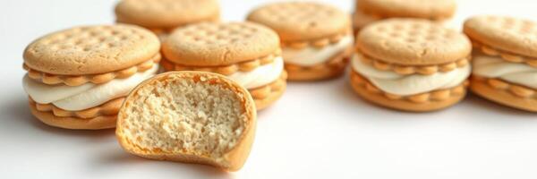 Delicious bite-sized sandwich cookies displayed on a clean surface with one cookie partially eaten photo