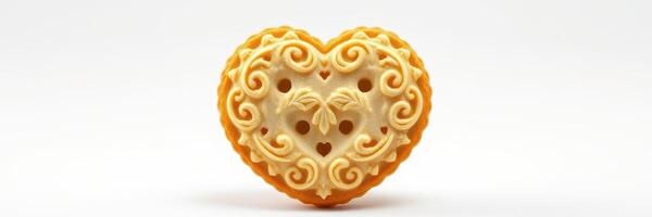 Intricate heart-shaped cookie decorated with ornate icing design on a plain background photo