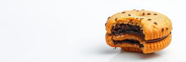 Delicious cookie sandwich filled with chocolate and caramel on a clean white background ready to be enjoyed photo