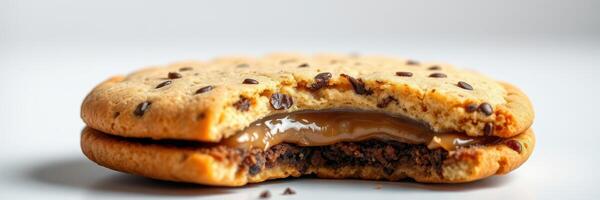 Delicious chocolate chip cookie with gooey caramel filling, perfect for dessert lovers photo