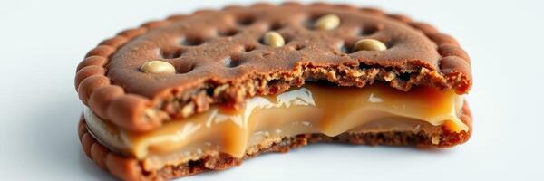 Delicious chocolate cookie with a rich caramel filling partially bitten in a bright setting photo