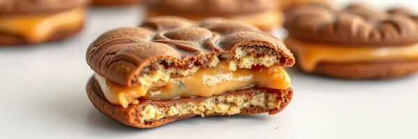 Delicious homemade chocolate cookies filled with creamy caramel on a white background for dessert lovers photo