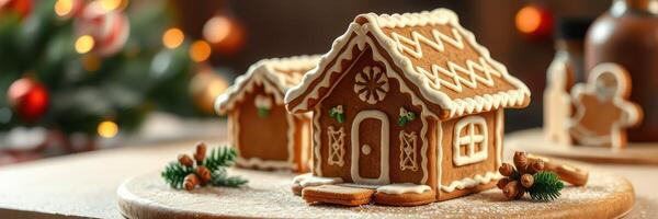 Gingerbread houses decorated for the holidays in a cozy setting with festive lights photo