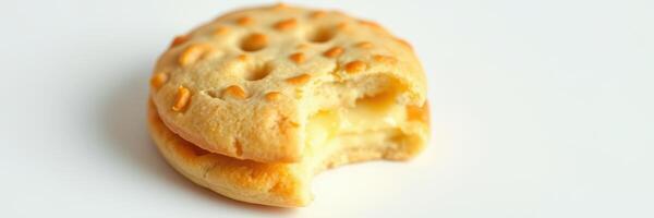 Delicious cookie with a bite taken out, showcasing a soft texture and golden color, perfect for a sweet snack photo