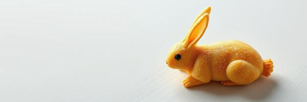Cute yellow bunny figurine made of fondant sits on a plain surface during a bright daylight setting photo