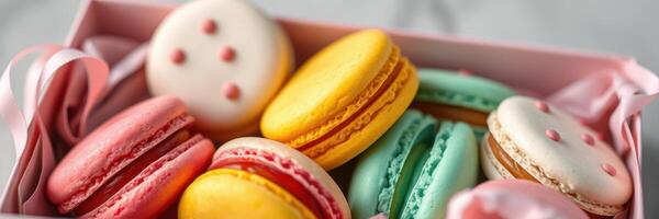 Colorful macarons arranged in a decorative box perfect for gifting during a celebration or special occasion photo