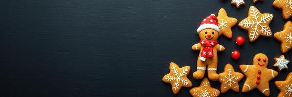 Festive gingerbread cookies arranged on a dark wooden surface during the holiday season photo