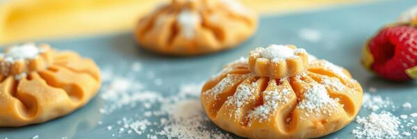 Sweet pastries with delicate patterns and powdered sugar on a blue plate are featured in a warm kitchen setting photo