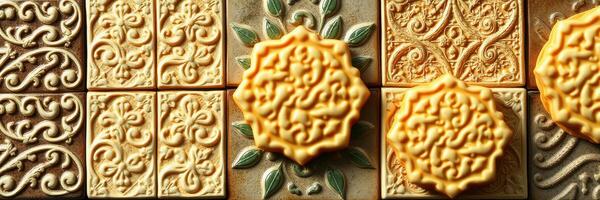 Decorative cookies arranged on an intricate patterned surface, showcasing traditional design and craftsmanship photo