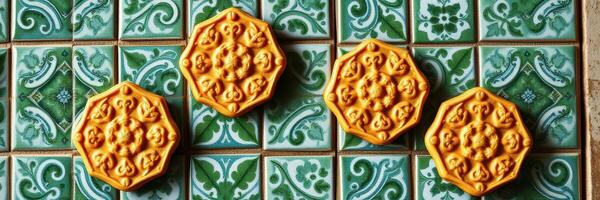 Decorative tiles with intricate designs displayed on an ornate surface in a vibrant indoor setting photo