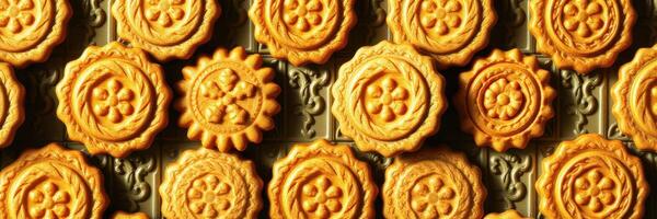 Traditional baked cookies arranged in an appealing pattern on a tray photo