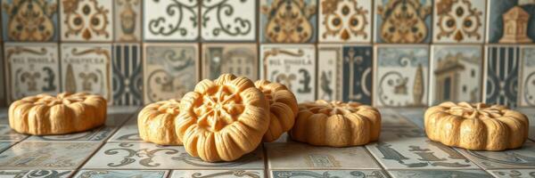 Decorative orange molds arranged on a tiled surface highlighting intricate patterns and textures photo