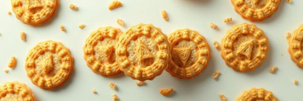 Baked orange cookies arranged creatively on a light surface with crumbs scattered around during daytime photo