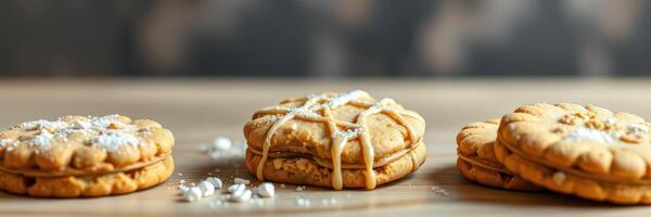 Delicious homemade cookies with creamy filling arranged neatly on a wooden surface for a cozy afternoon snack photo