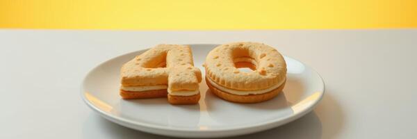 Cookies shaped as the number 40 on a white plate with a bright yellow background photo