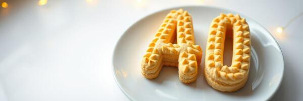 Delicious dessert cookies shaped as number forty on a festive plate with soft lighting photo