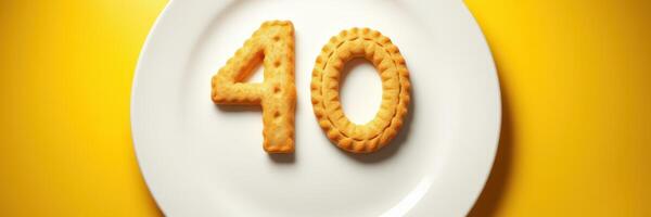 Cookies shaped as the number forty on a white plate against a bright yellow background photo