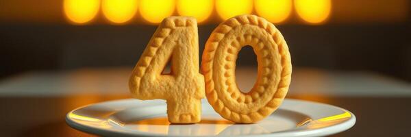 Celebration of a milestone with a decorative cookie displaying the number 40 on a plate in a warm setting photo