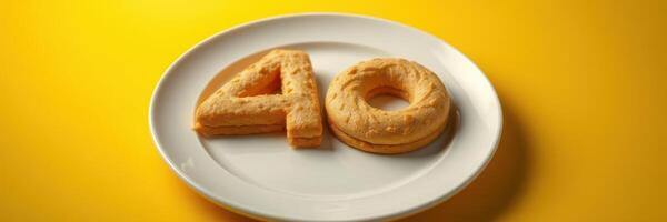 Dessert featuring the number 40 on a white plate against a vibrant yellow background for a birthday celebration photo