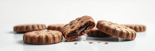 Delicious chocolate-filled cookies arranged on a plain surface inviting a sweet treat experience photo