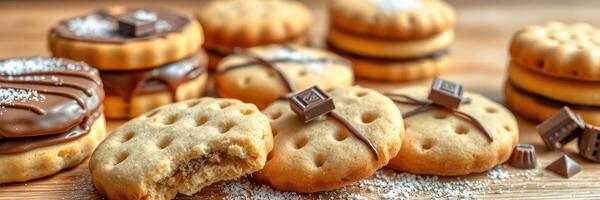 Delightful assortment of cookies on a wooden background with chocolate and detail photo
