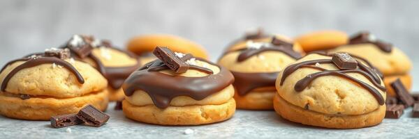 Delicious homemade chocolate and vanilla cookies arranged on a marble surface with drizzled chocolate photo