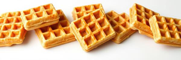 Golden waffles stacked and arranged on a white surface showcasing a delicious breakfast treat ideal for any occasion photo