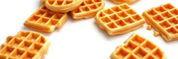 Delicious waffles scattered on a white surface showcasing their golden texture and unique shape photo