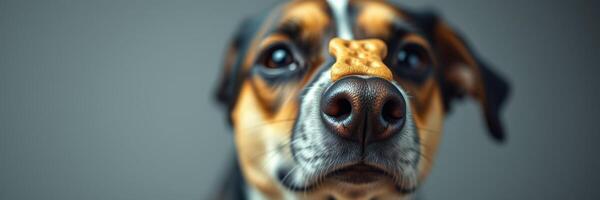 Dog patiently waiting with a treat balanced on its nose in a calm indoor setting photo