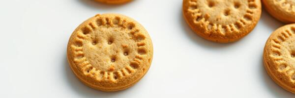 Delicious round cookies with distinctive patterns arranged neatly on a white surface photo