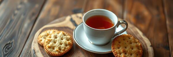 Enjoying a warm cup of tea and crunchy biscuits on a rustic wooden table photo