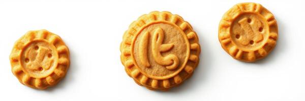 Unique shaped caramel cookies arranged in a row on a white surface photo