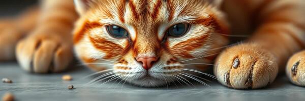Orange tabby cat rests on a smooth surface, showcasing its distinctive fur pattern and whiskers during afternoon light photo
