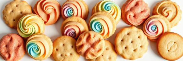 Colorful assortment of decorative cookies arranged artistically on a white surface for a festive occasion photo