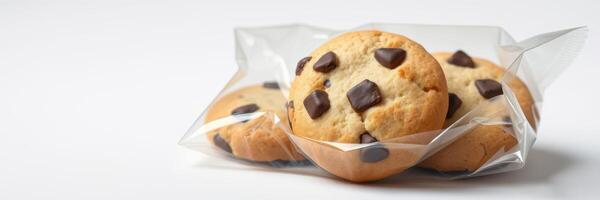 Freshly baked chocolate chip cookies packaged for sale in a clear bag ready for customers photo