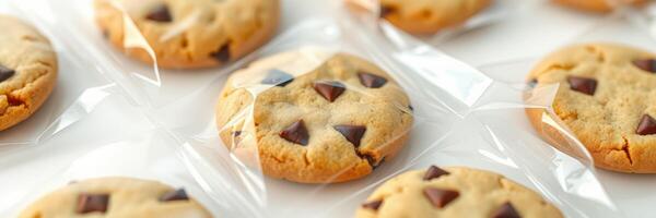 Homemade chocolate chip cookies arranged neatly in clear packaging on a white surface photo