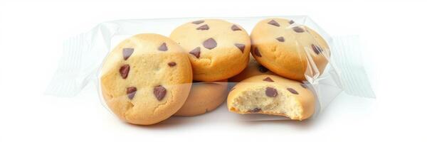 Chocolate chip cookies packaged for freshness in a clear plastic bag, perfect for snacks or dessert at any time photo