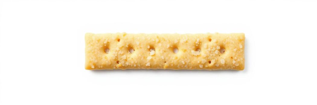 Long rectangular cracker placed on a white background, highlighting its texture and shape in a minimalist presentation photo