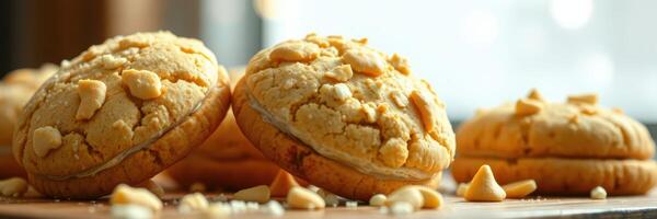 Freshly baked cookies with a crunchy topping on a wooden surface in a cozy kitchen setting photo