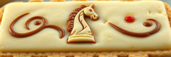 Decorative pastry featuring a chess piece design with intricate icing details and vibrant colors photo
