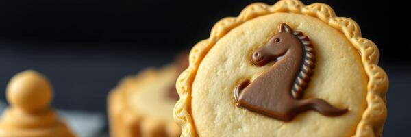 Delicious horse-shaped cookie decorated with chocolate icing on a black background photo